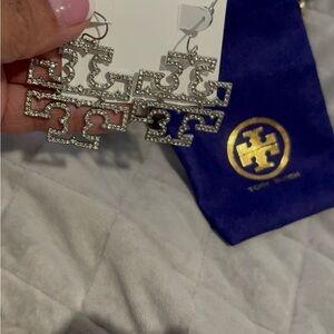 Tory Burch Silver Crystal Logo Earrings